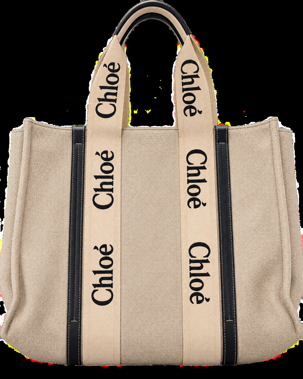 Chloé Large Beige Canvas Logo Tote Bag Black Trim EUC